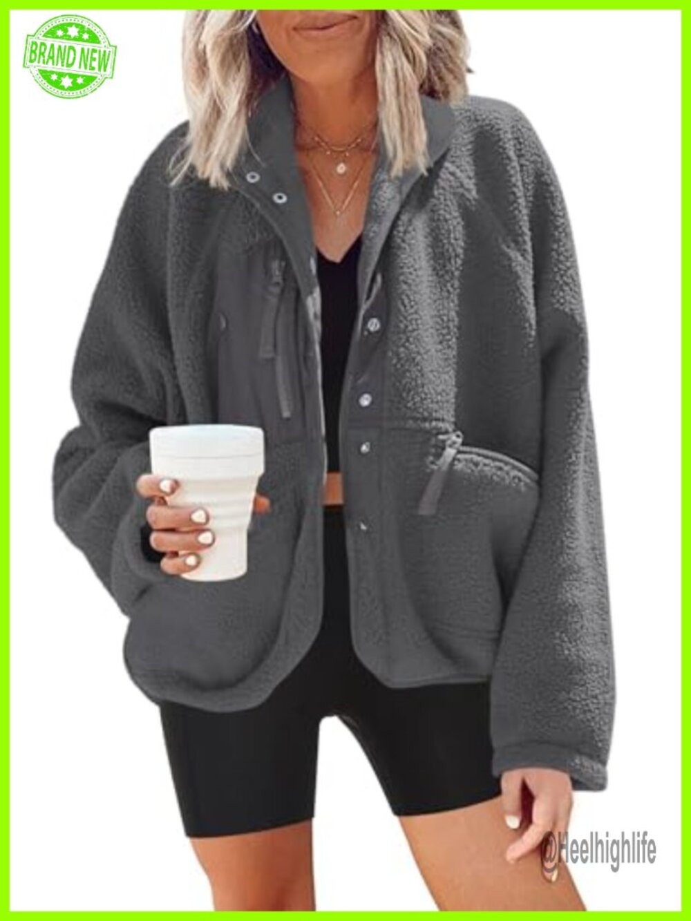 Fuzzy Fleece Sherpa Jacket Button Down Batwing Sleeve Winter Coat